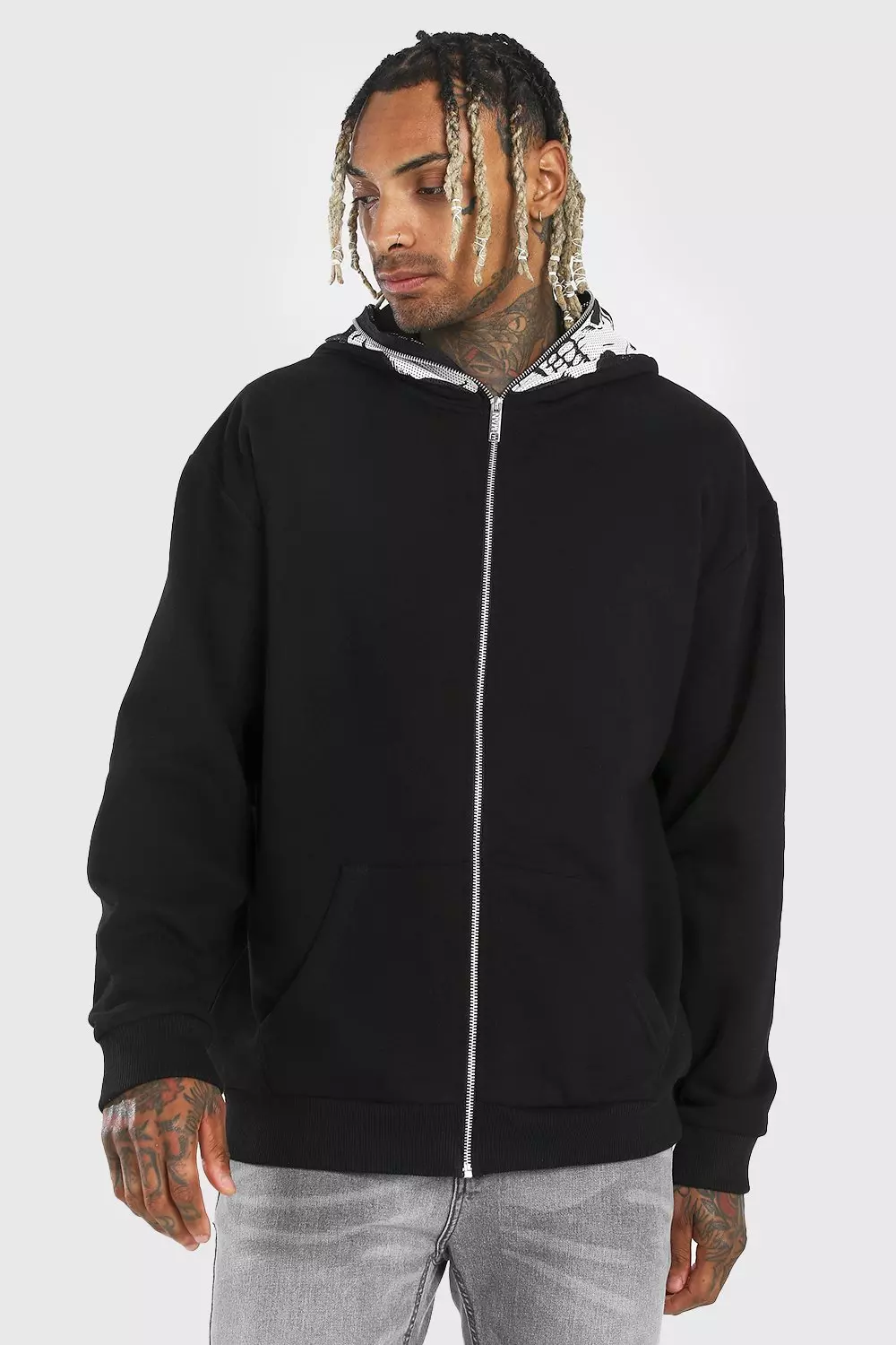 Oversized Skull Zip Through Hoodie With Mesh Face