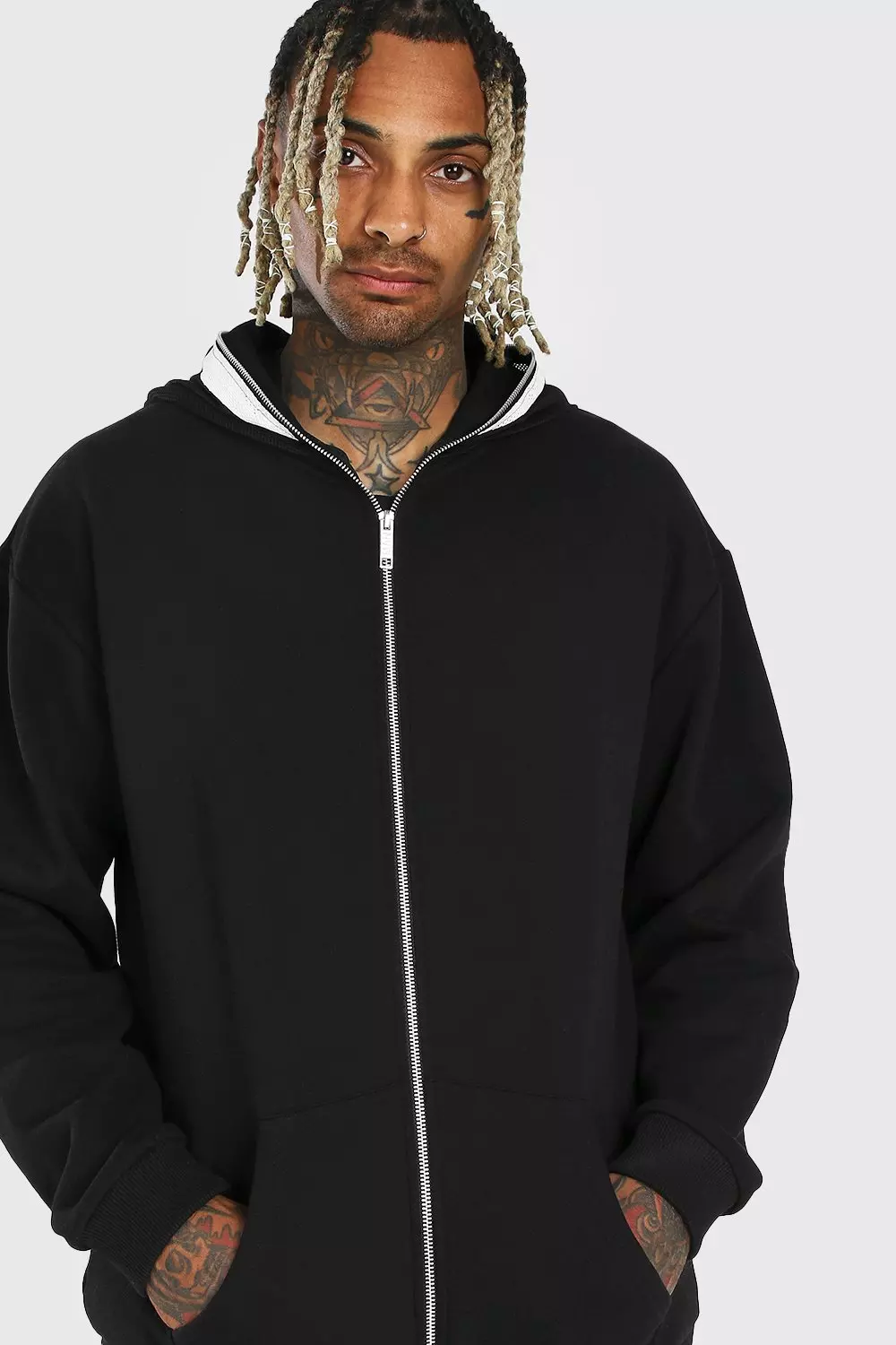 Black Oversized Zip Up Front Hoodie