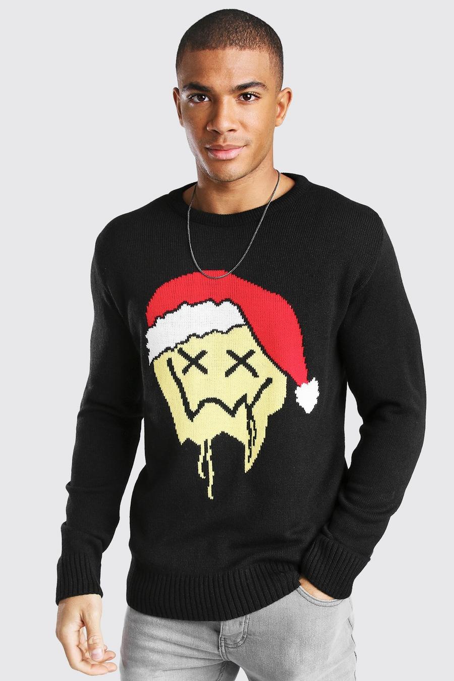 Weihnachtspullover mit tropfendem Gesichts-Motiv, Schwarz image number 1