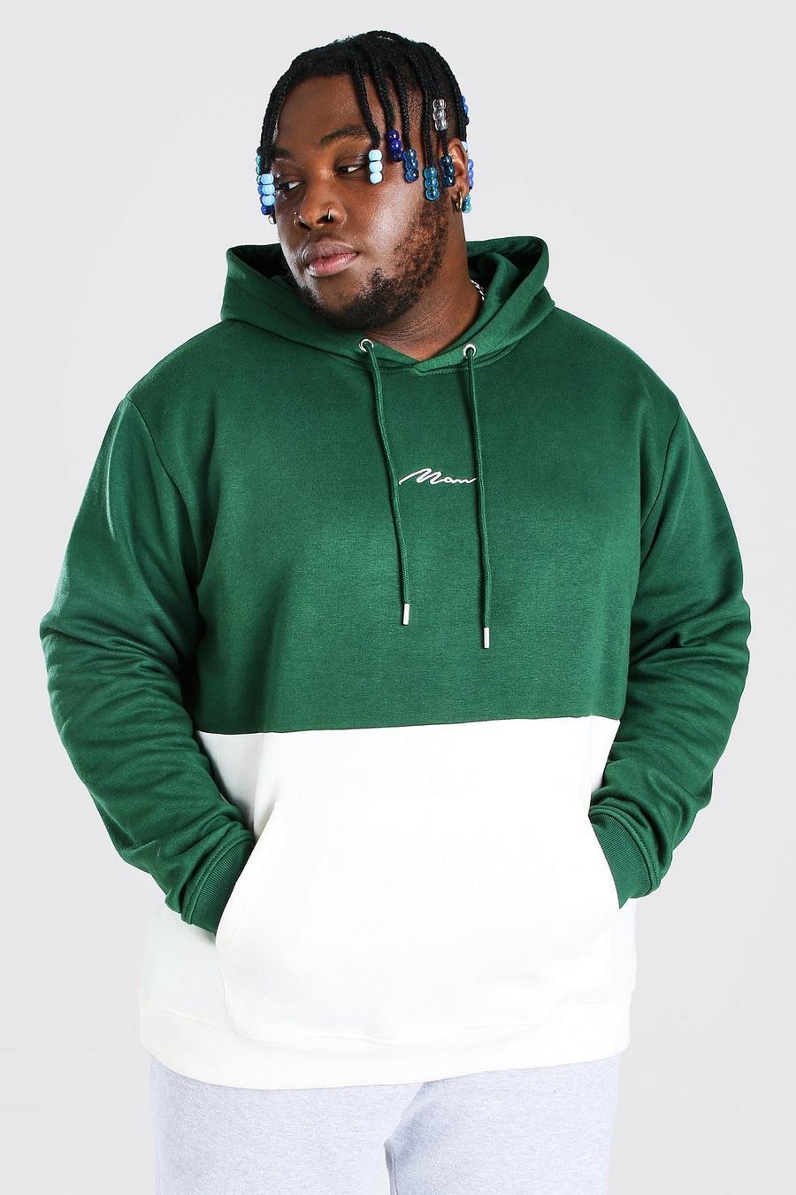 Green Plus Size Man Colour Block Hoodie Met Tekst image number 1