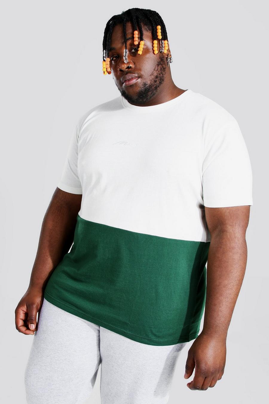 Plus Size T-Shirt im Colorblock-Design mit MAN-Schriftzug, Grün image number 1