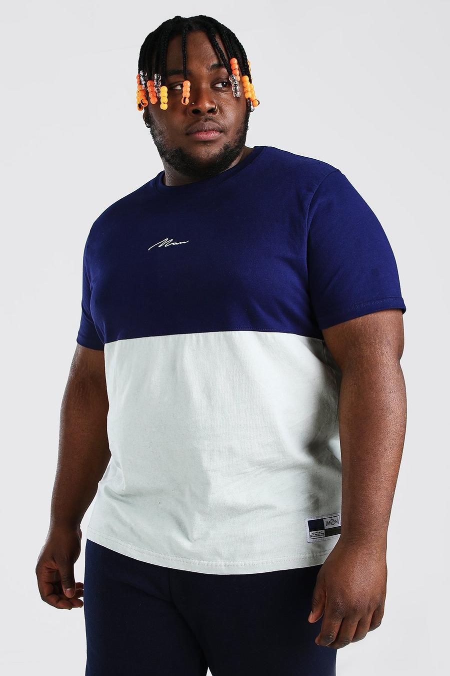 Navy Plus Size Man Colour Block T-Shirt Met Tekst image number 1