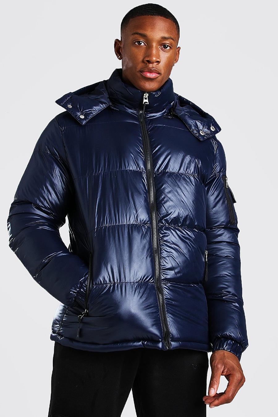 High Shine Hooded Puffer Jacket, Navy image number 1