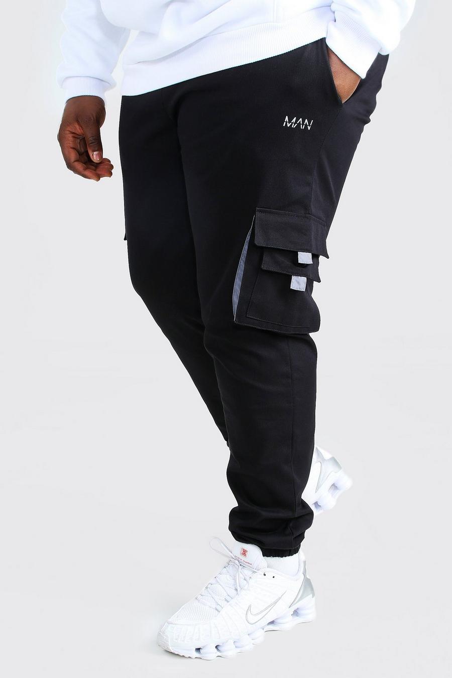 שחור מכנסי ריצה ארוגים בסגנון דגמ"ח עם לשונית וכיתוב MAN למידות גדולות image number 1