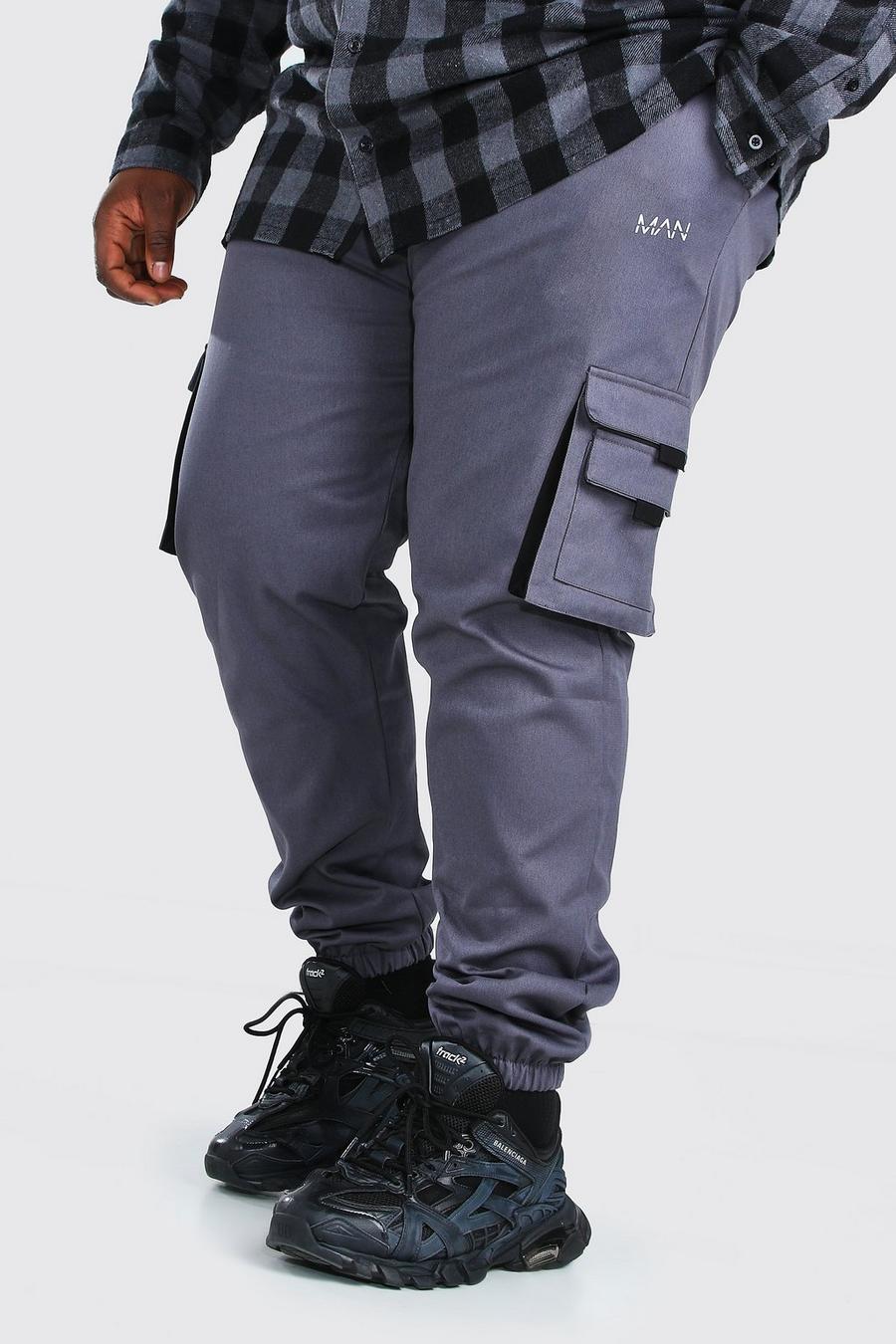 צפחה מכנסי ריצה ארוגים בסגנון דגמ"ח עם לשונית וכיתוב MAN למידות גדולות image number 1