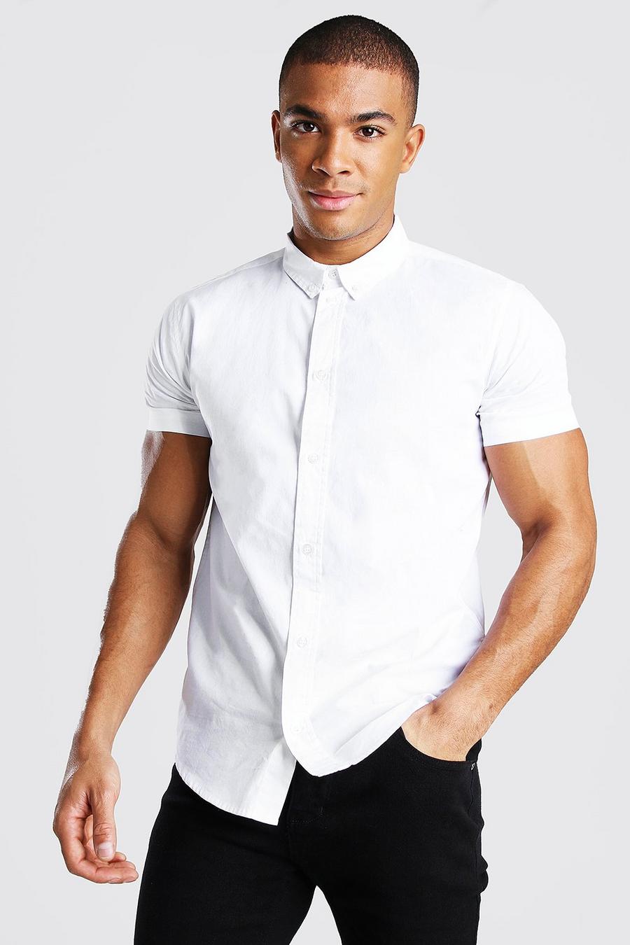 Camisa de manga corta en popelina y algodón, Blanco image number 1