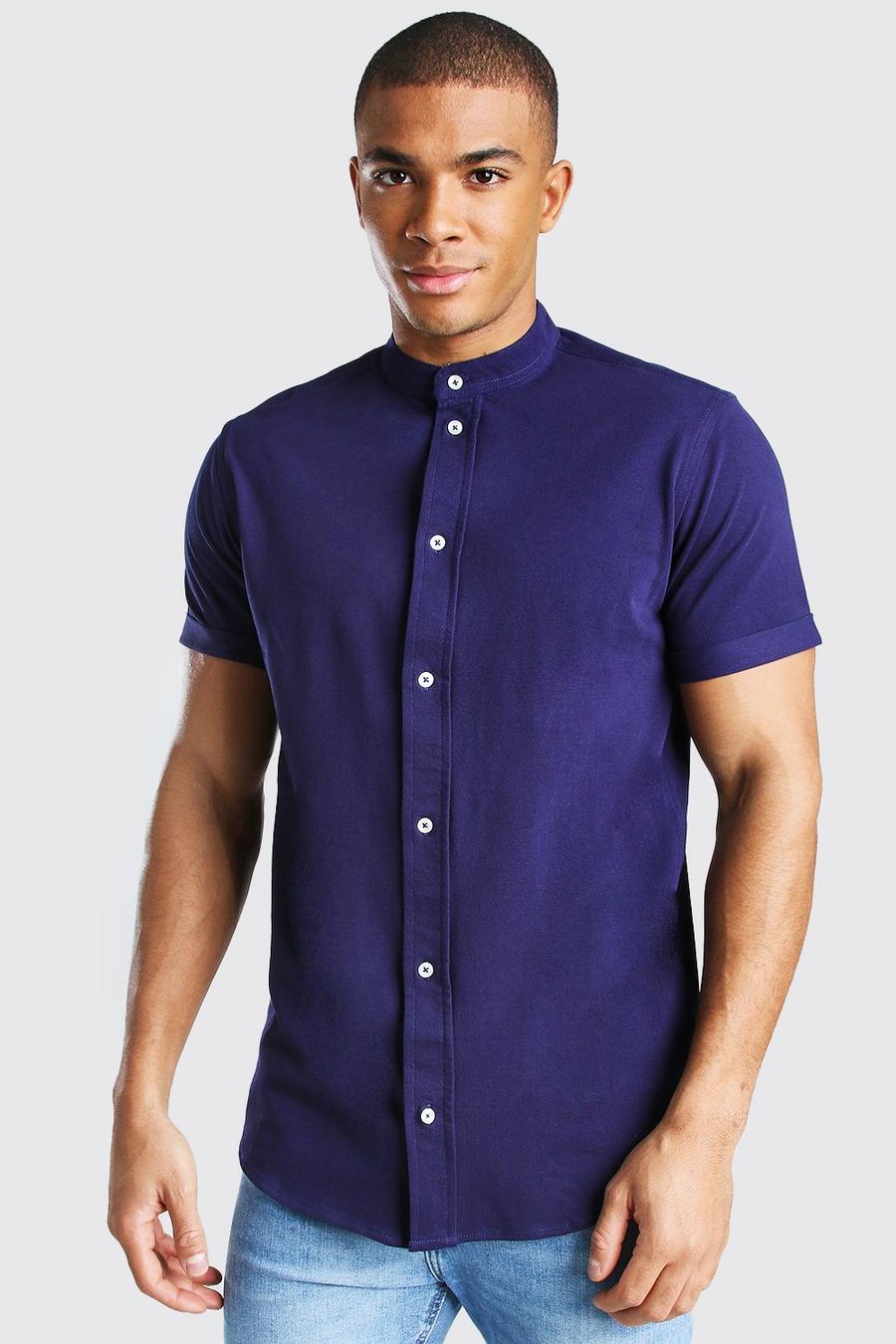 Navy Short Sleeve Grandad Pique Shirt image number 1