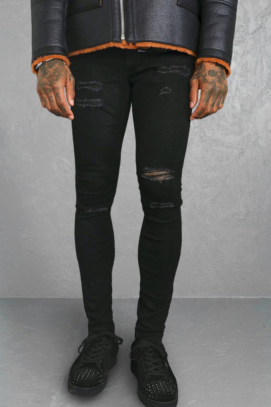 Black Super Skinny Jeans With All Over Rips image number 1