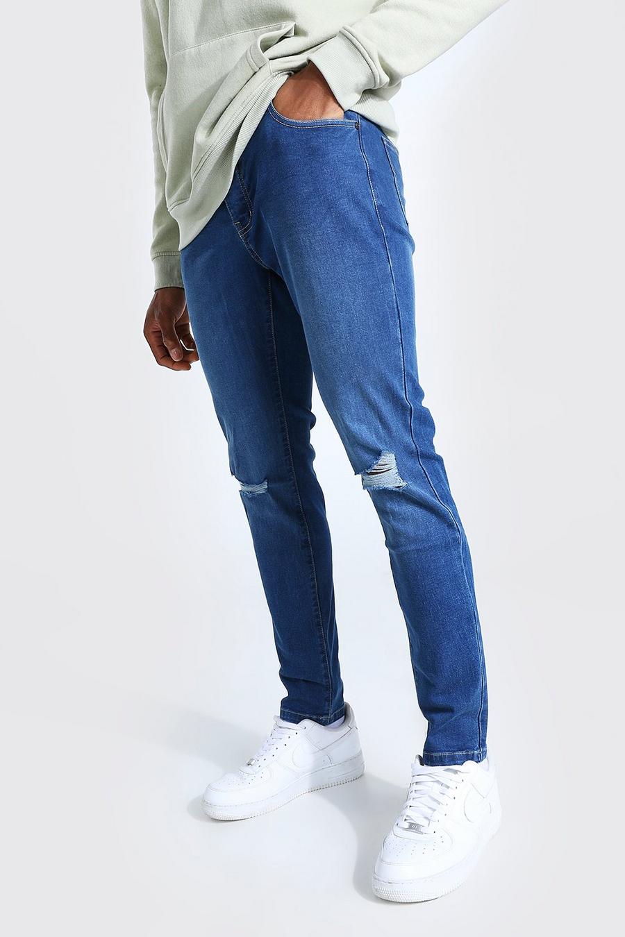 כחול ביניים סקיני ג'ינס עם קרעים בברכיים image number 1