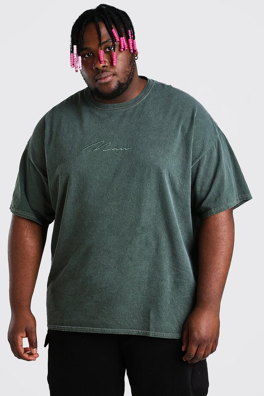 Plus Size überfärbtes MAN T-Shirt mit Schriftzug, Khaki image number 1
