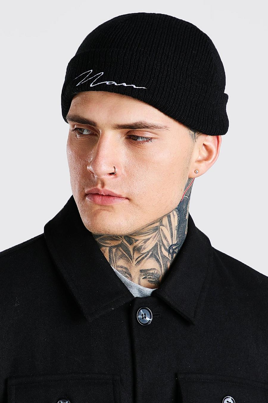 Black MAN Signature Embroidered Micro Beanie image number 1