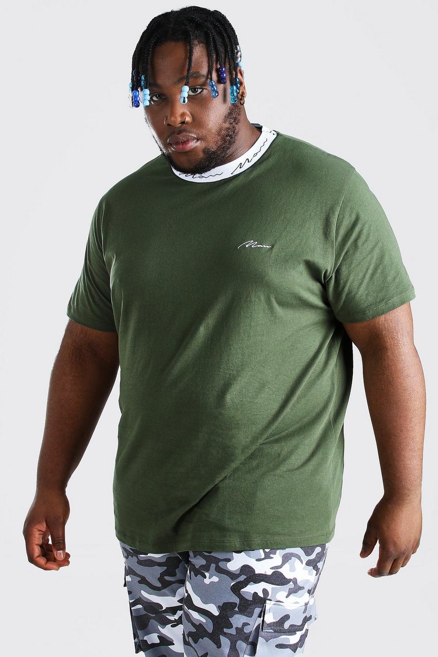 Khaki Plus Size Man Geribbeld Sportief T-Shirt Met Tekst image number 1