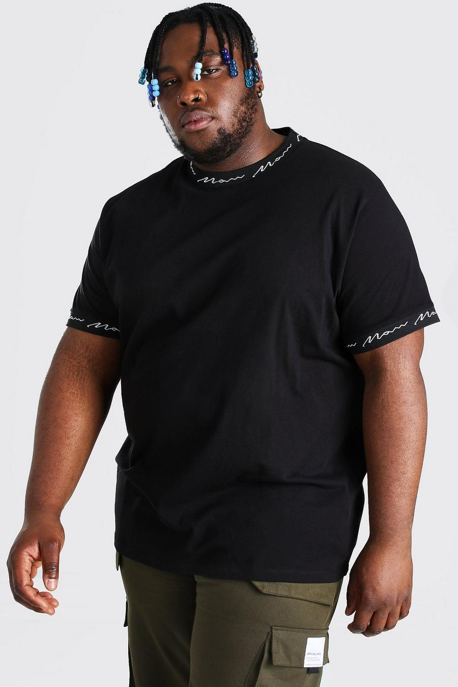 Geripptes MAN Plus Size T-Shirt mit Ärmeldetail, Schwarz image number 1