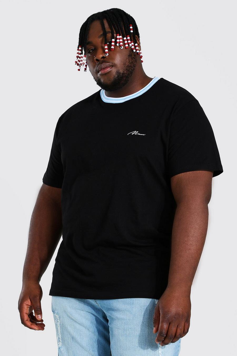 Black Plus Size Man Geribbeld Sportief T-Shirt Met Tekst image number 1