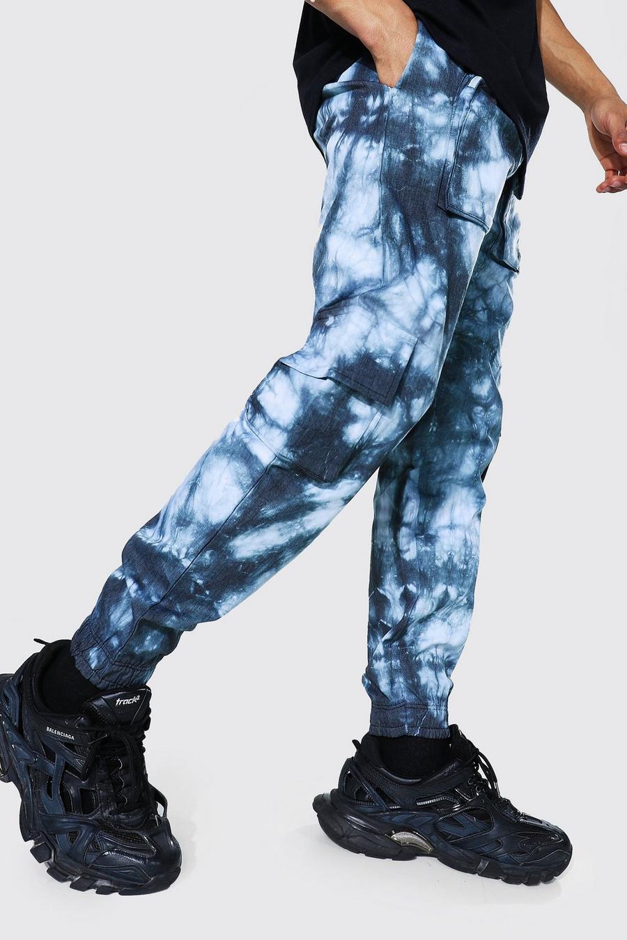 Pantaloni cargo in twill taglio rilassato con tasche effetto tie-dye, Nero image number 1