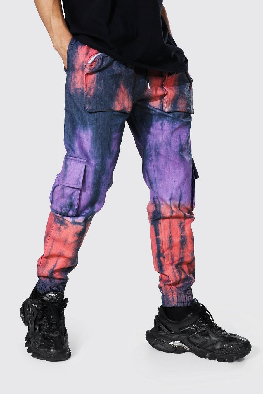 Pantaloni cargo in twill taglio rilassato con tasche effetto tie-dye, Viola image number 1