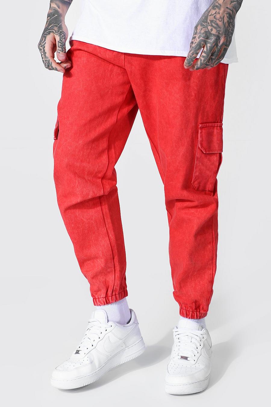 Red Regular Fit Acid Wash Cargo Pants image number 1