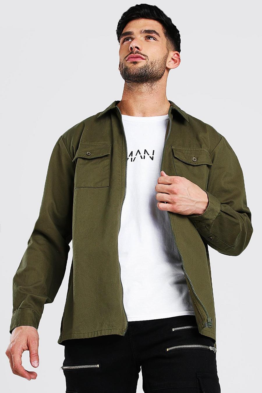 Khaki Long Sleeve Twill Zip Shirt Jacket image number 1