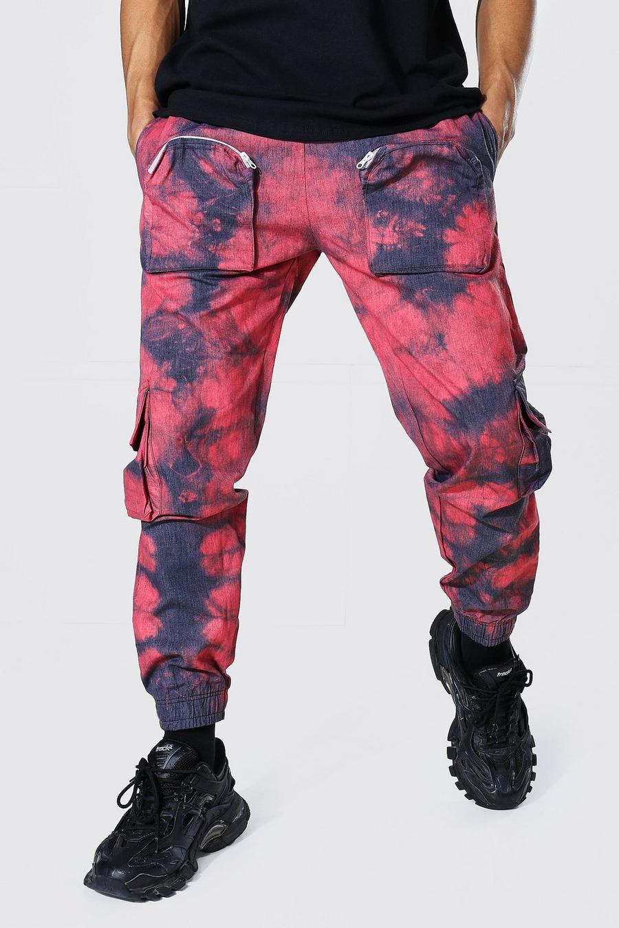 Red Loose Fit Pocket Tie Dye Twill Cargo Pants image number 1