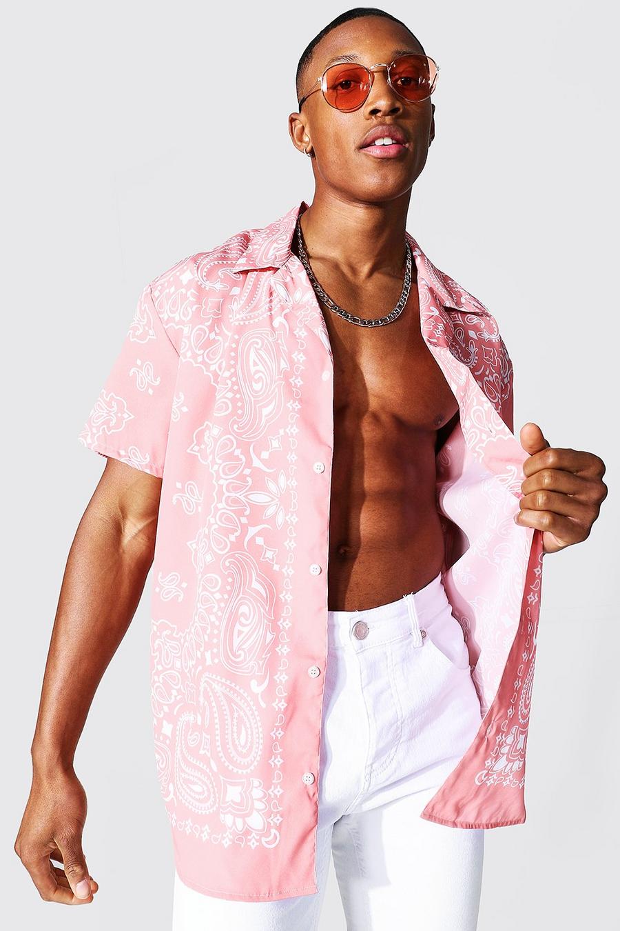 Short Sleeve Revere Oversized Bandana Shirt, Coral image number 1