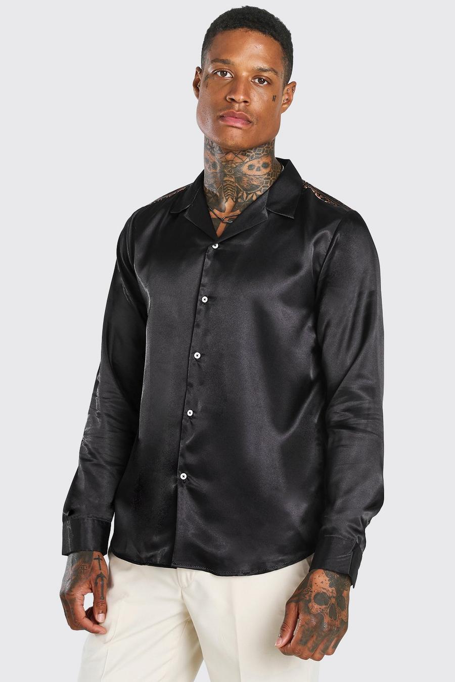 Long Sleeve Revere Collar Back Panel Satin Shirt, Black image number 1