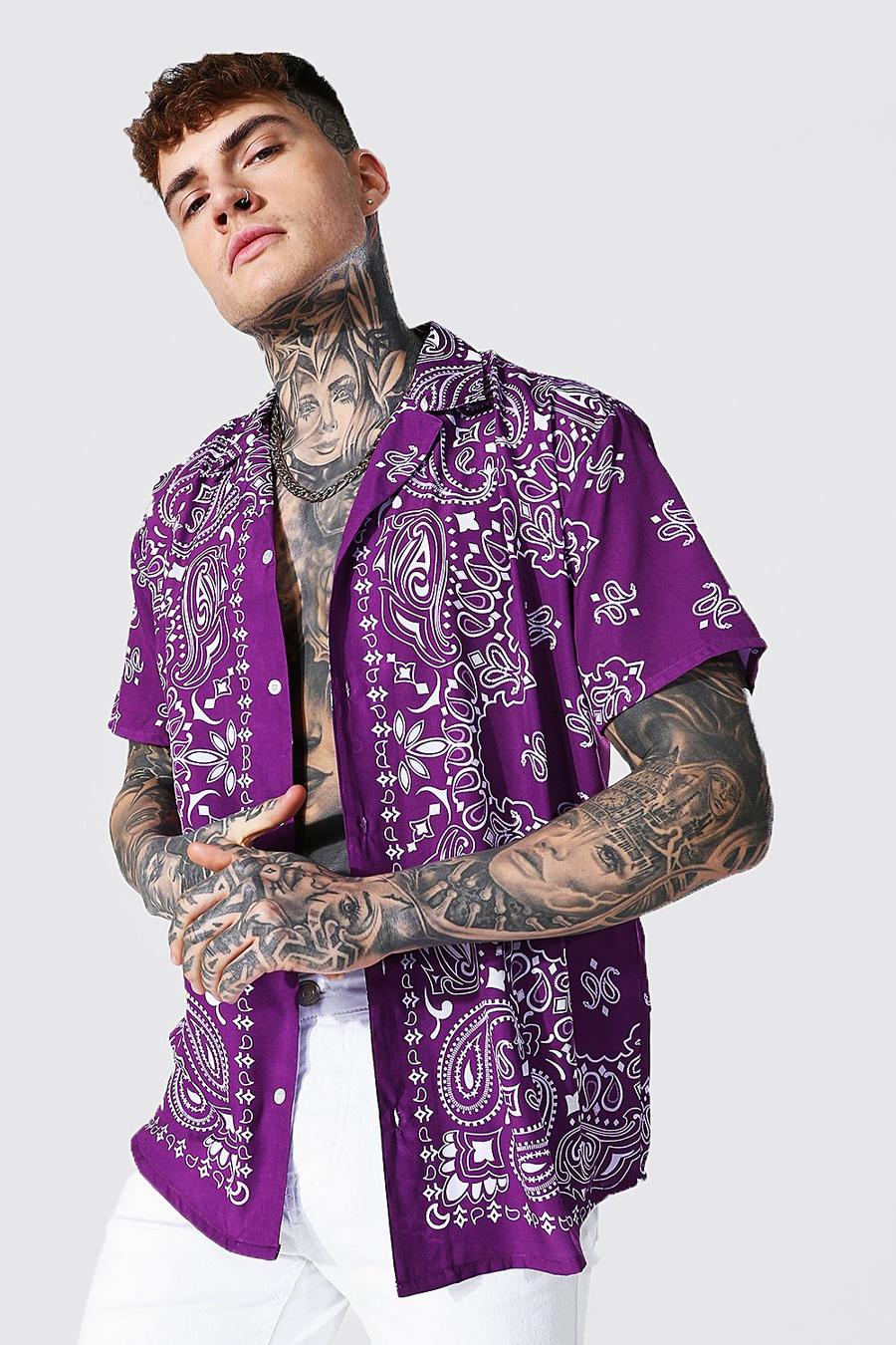 Purple Short Sleeve Revere Oversized Bandana Shirt image number 1