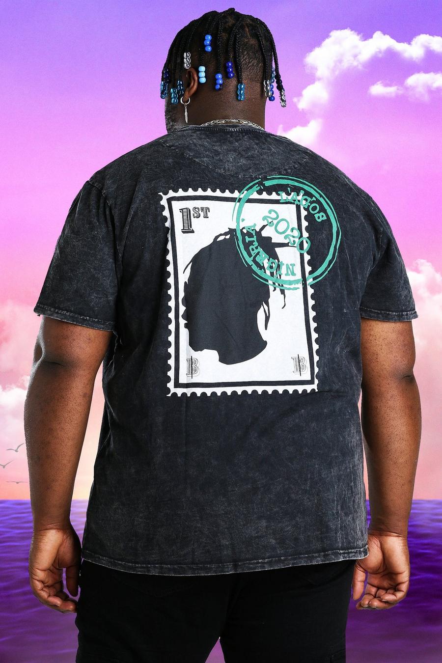 Plus Size Burna Boy T-Shirt mit Stempel-Acid-Waschung, Anthrazit image number 1