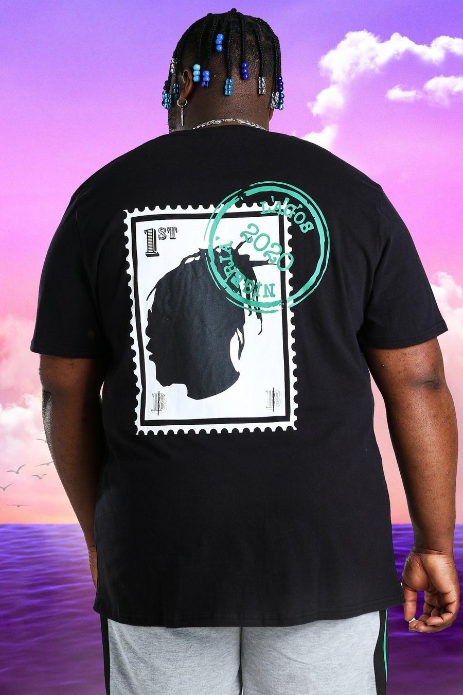 Zwart Plus Size Burna Boy T-Shirt Met Postzegel image number 1