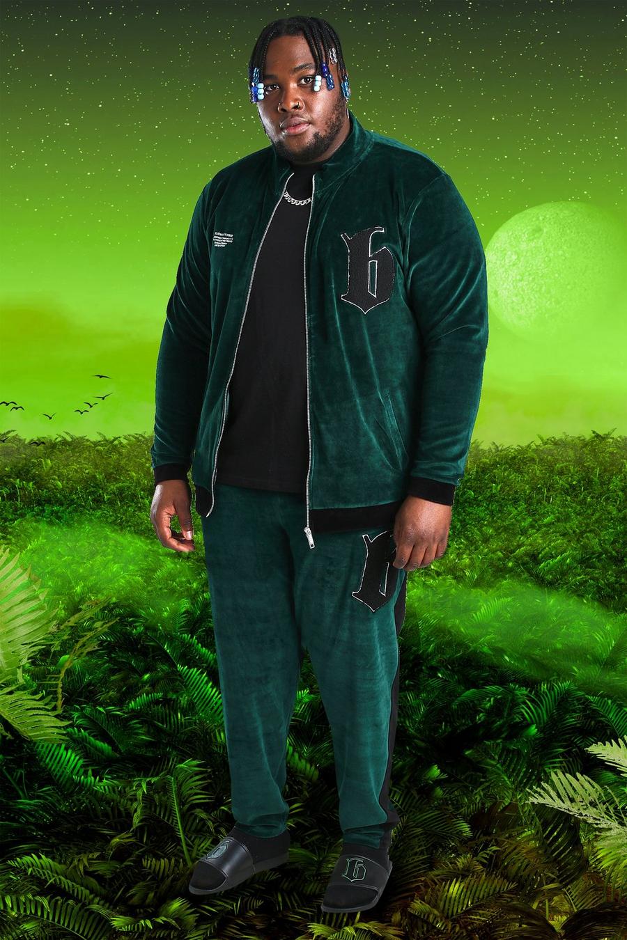 Plus Size Burna Boy Trainingsanzug aus Velours mit B-Print, Grün image number 1