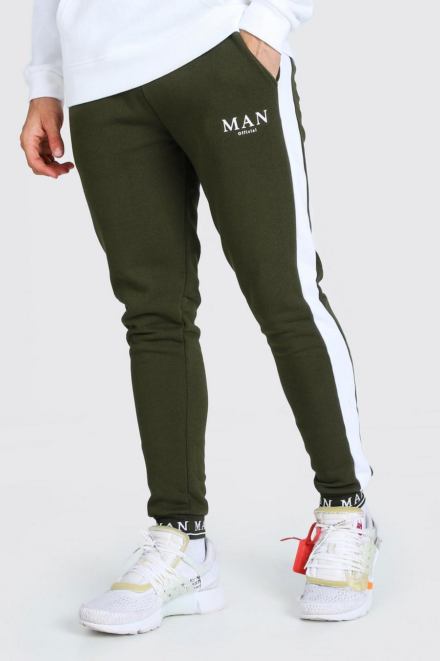 Skinny Jogginghosen mit seitlichem Einsatz und MAN-Stickerei an Bündchen, Khaki image number 1