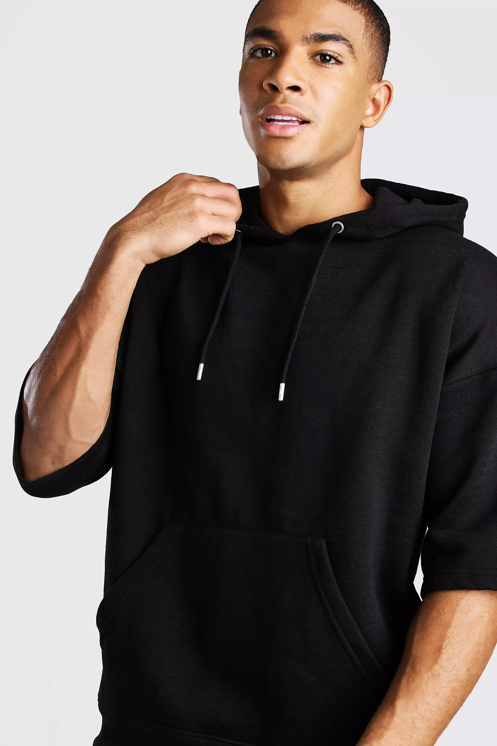 Black short sleeve store hoodie mens