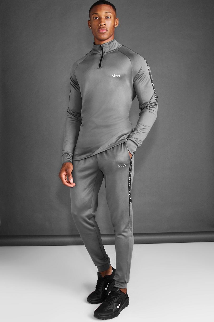 Charcoal Man Active Skinny Fit Tracksuit With Tape image number 1