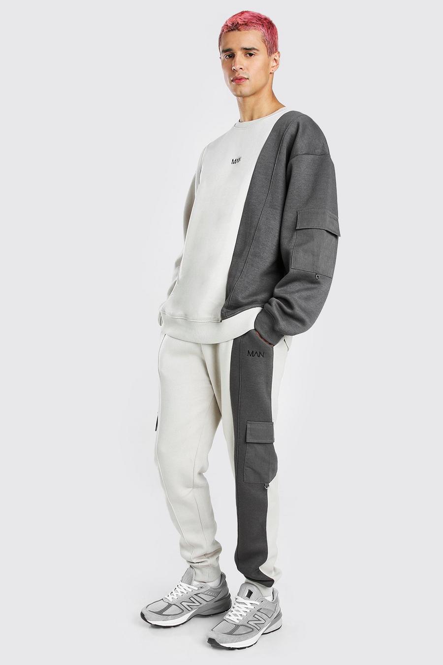 אפור חליפת טרנינג סווטשירט אוברסייז בסגנון קרגו עם תפרים עבים וכיתוב Man image number 1