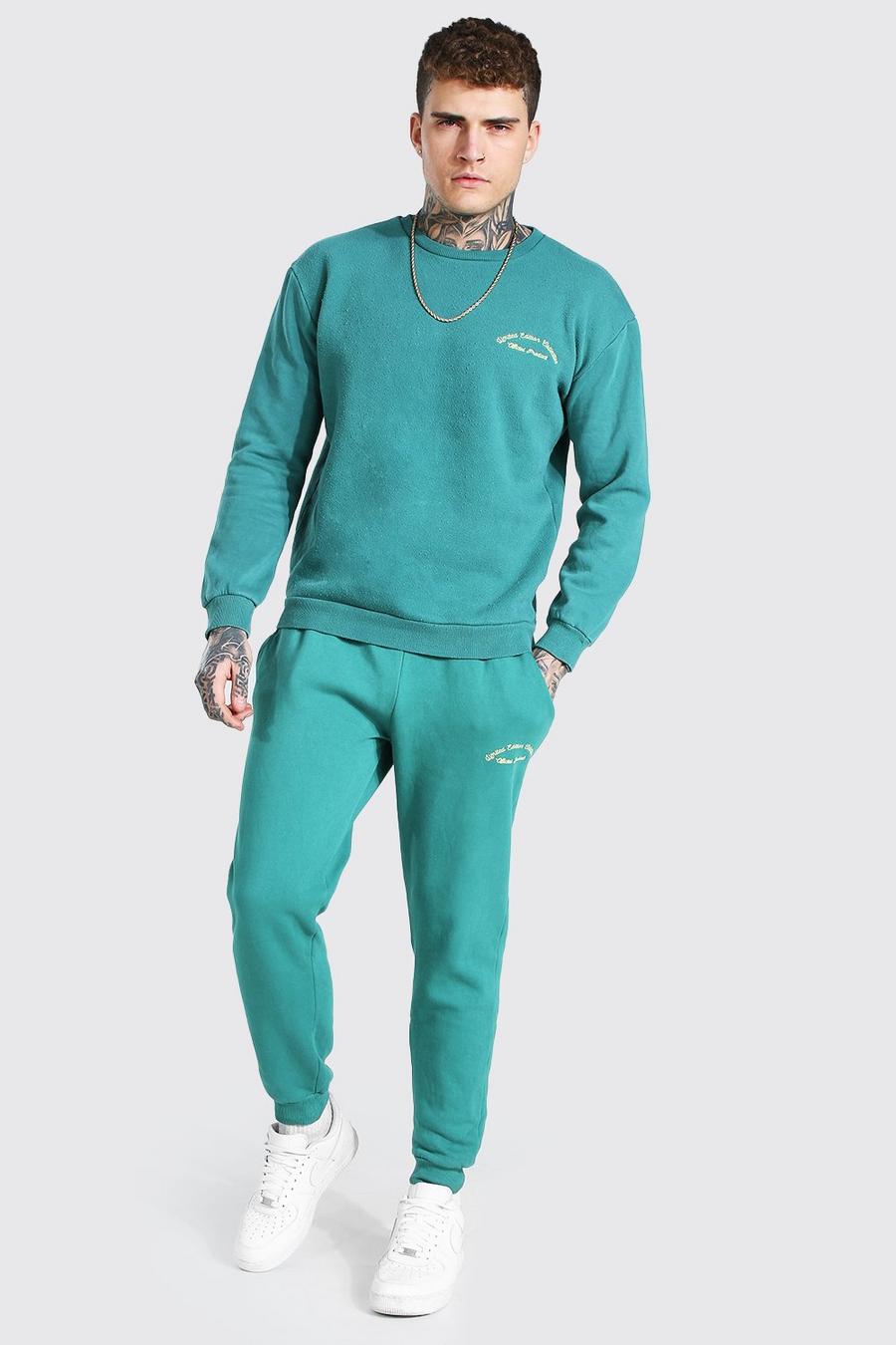 Bestickter Pullover-Trainingsanzug mit Überfärbung aus schwerem Gewebe, Grün image number 1