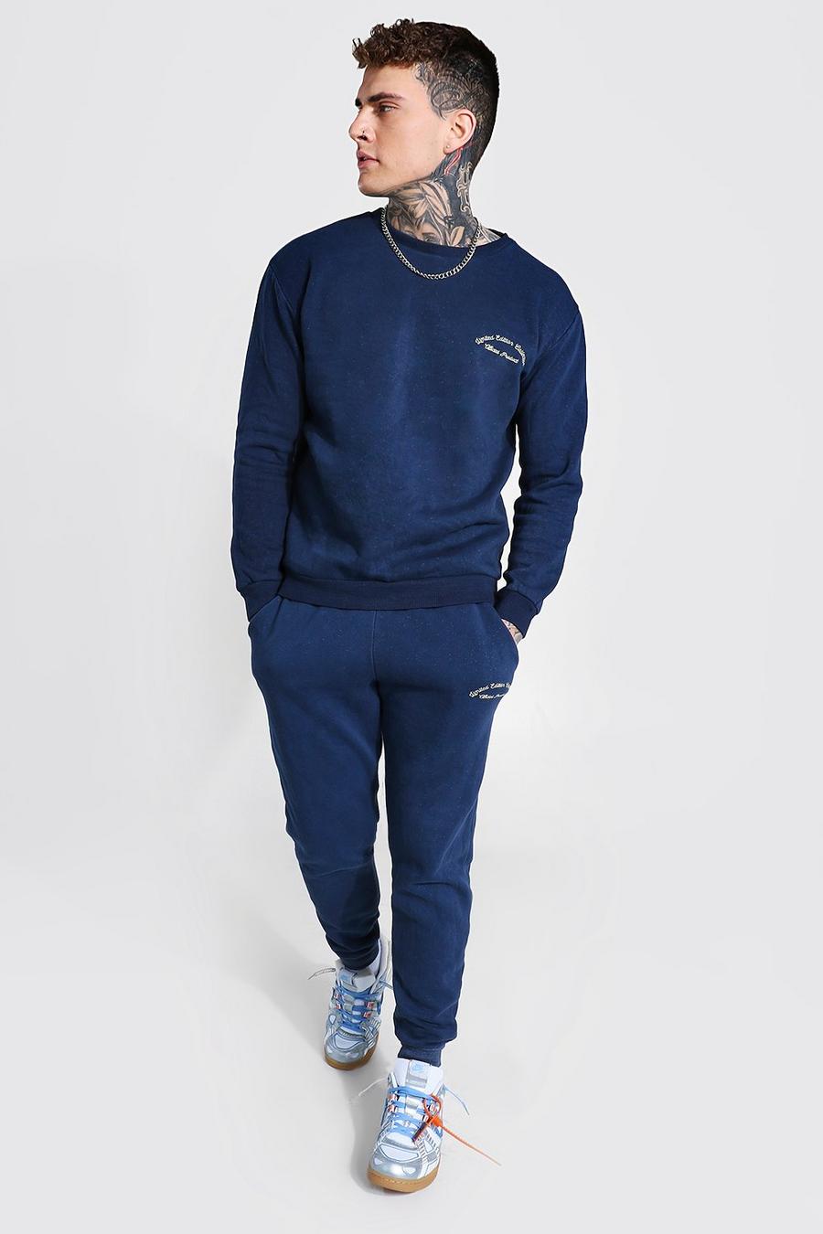 Chándal tipo suéter grueso sobreteñido con bordados, Azul image number 1