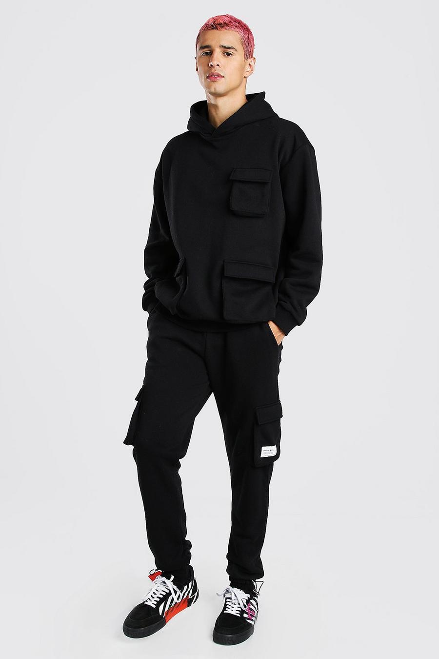 Black Loose Fit Cargo Hooded Tracksuit With Tab image number 1