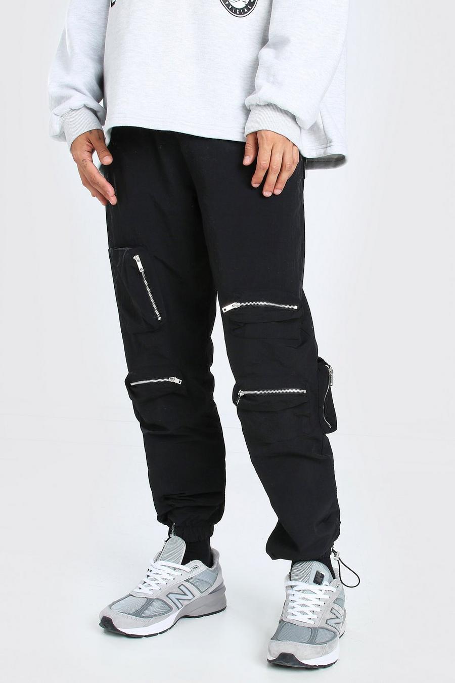 Black Crinkle Multi Zip Pocket Bungee Cord Cargo Pants image number 1