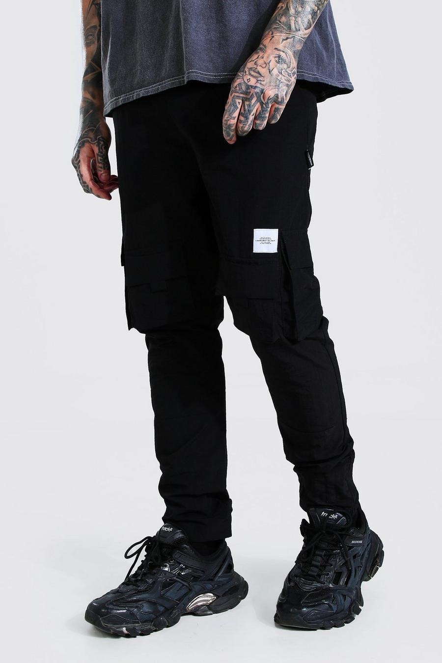 Black Crinkle Shell Multi Pocket Man Tab Cargo Pants image number 1
