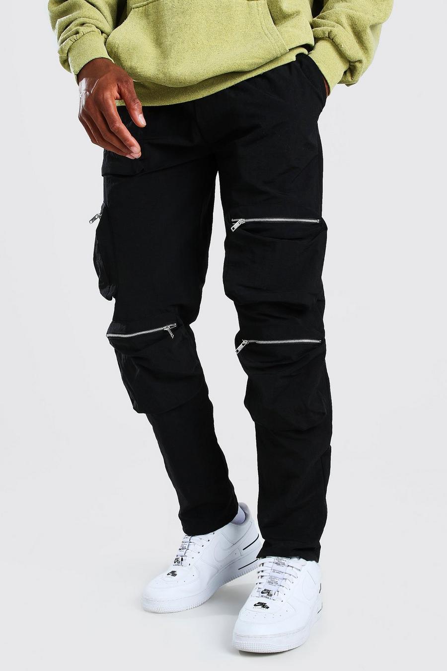 Black Crinkle Shell Multi Pocket Cargo Pants image number 1