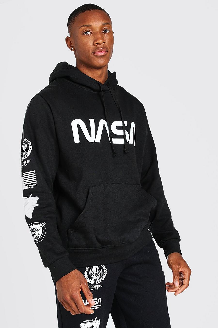 Black svart NASA Hoodie med tryck längs ärmen image number 1