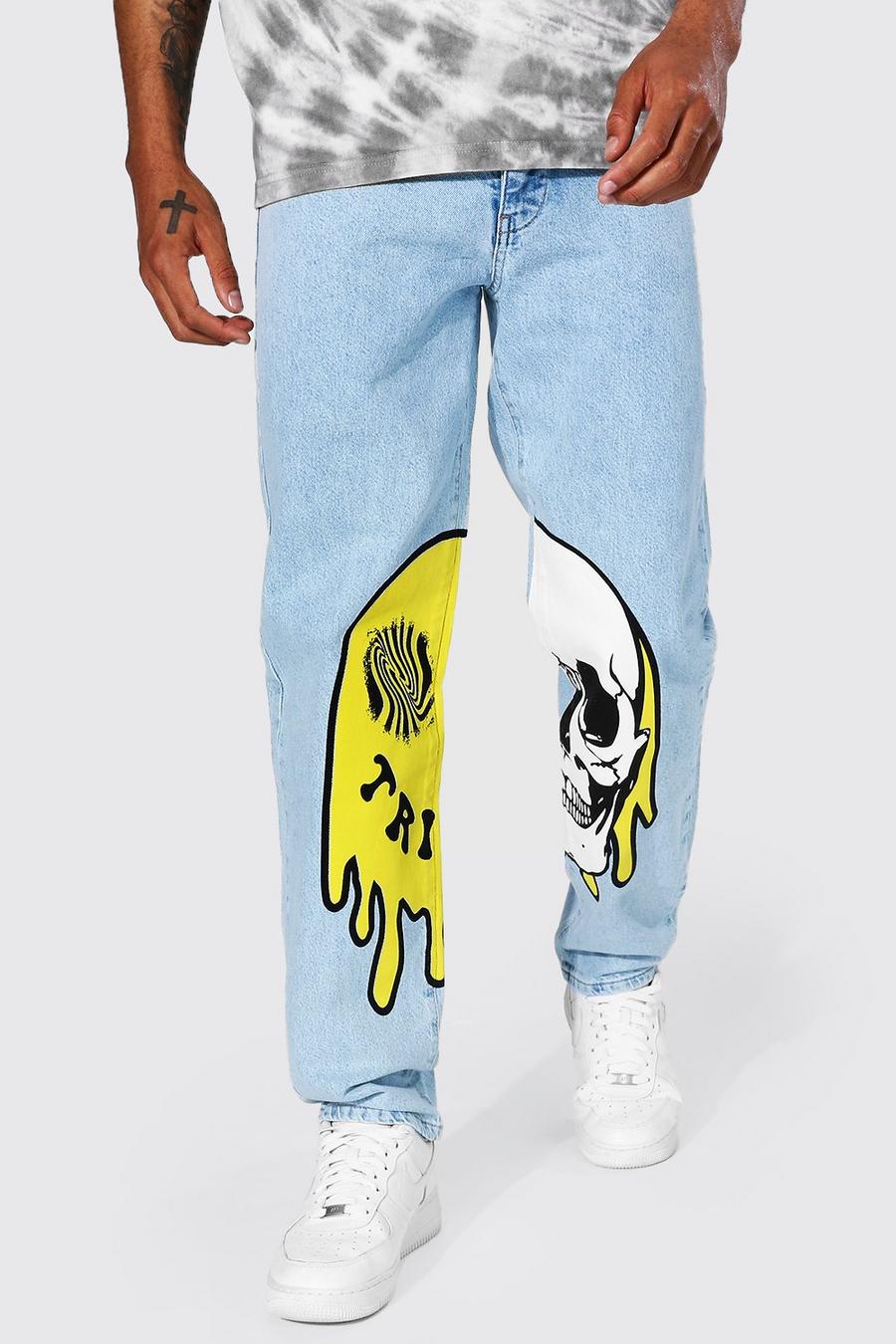 Ice blue Relaxed Fit Trippy Skull Print Jean image number 1