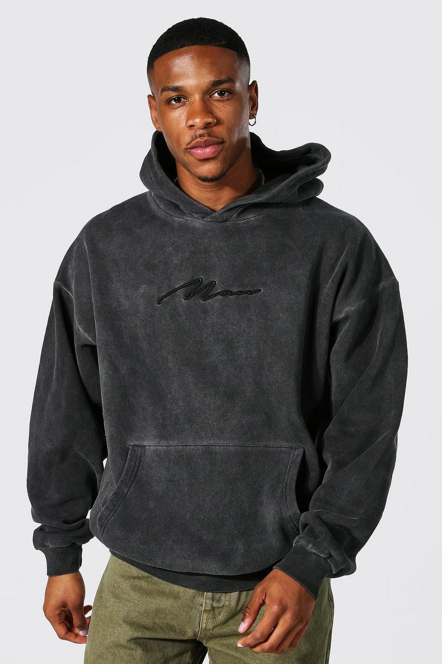 Washed black Man Signature Oversize överfärgad hoodie image number 1