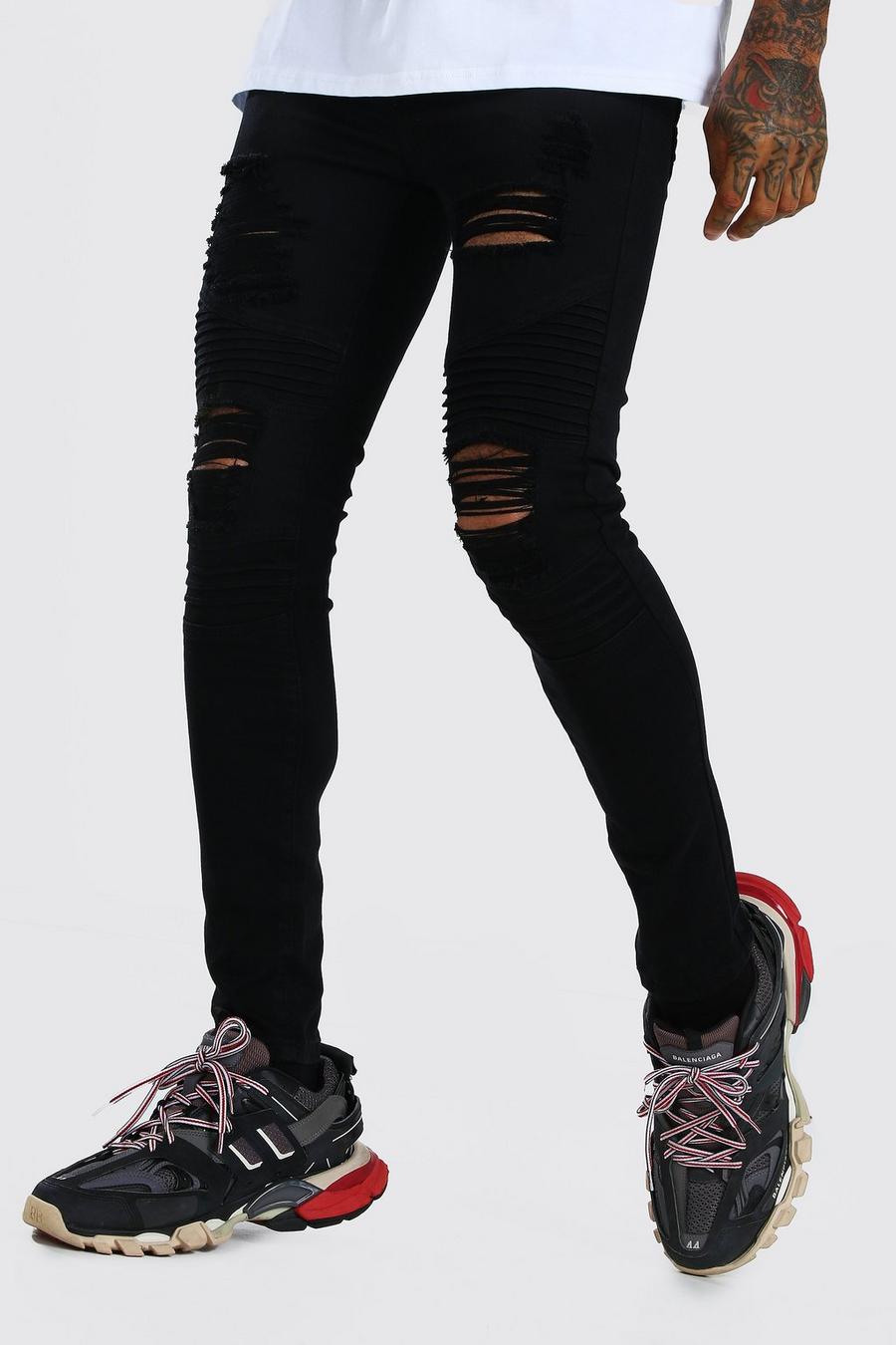 שחור ג'ינס אופנוענים סופר סקיני עם קרעים image number 1