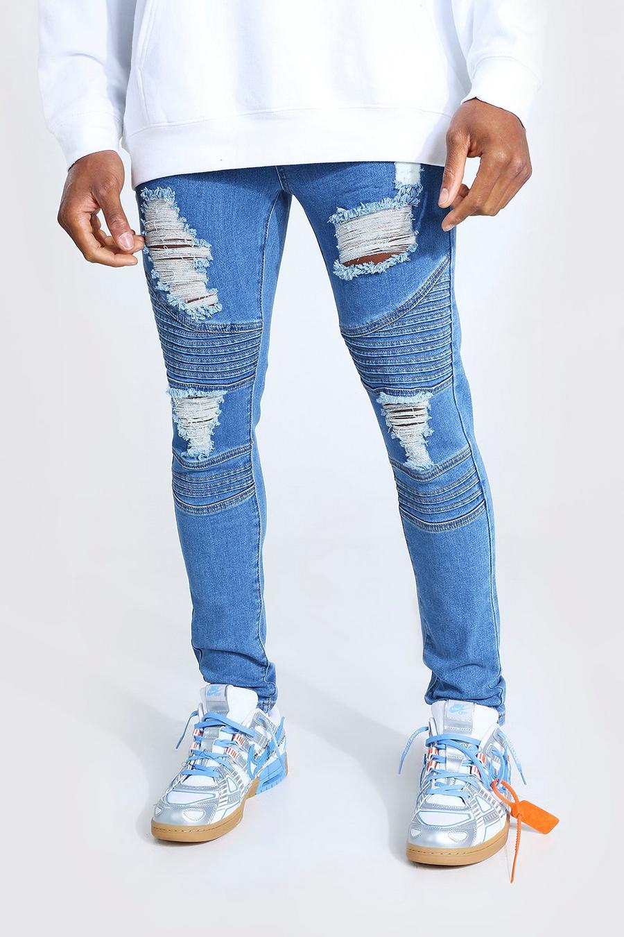 כחול ביניים ג'ינס אופנוענים סופר סקיני עם קרעים image number 1