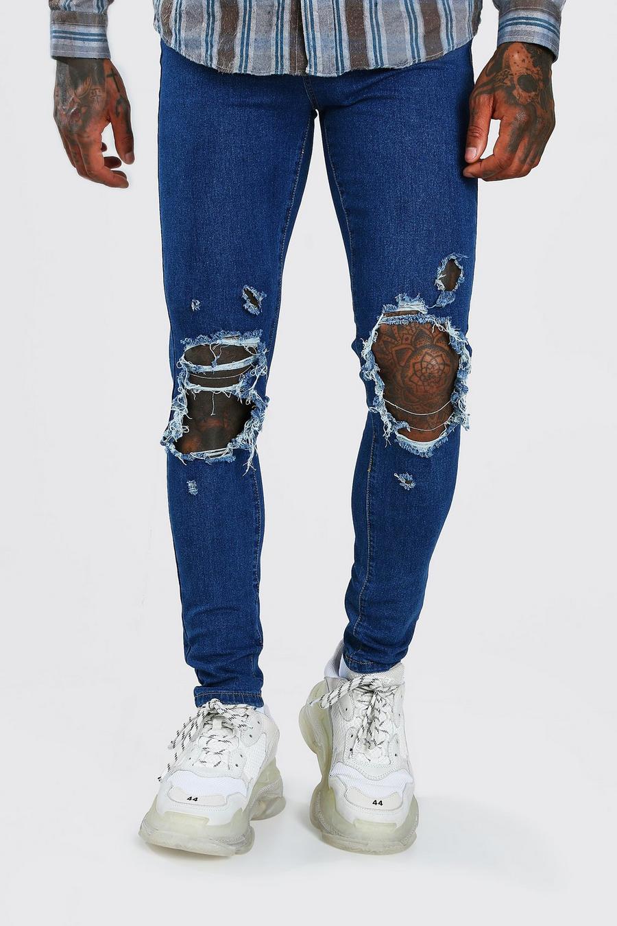 כחול ביניים סופר סקיני ג'ינס עם קרעים image number 1
