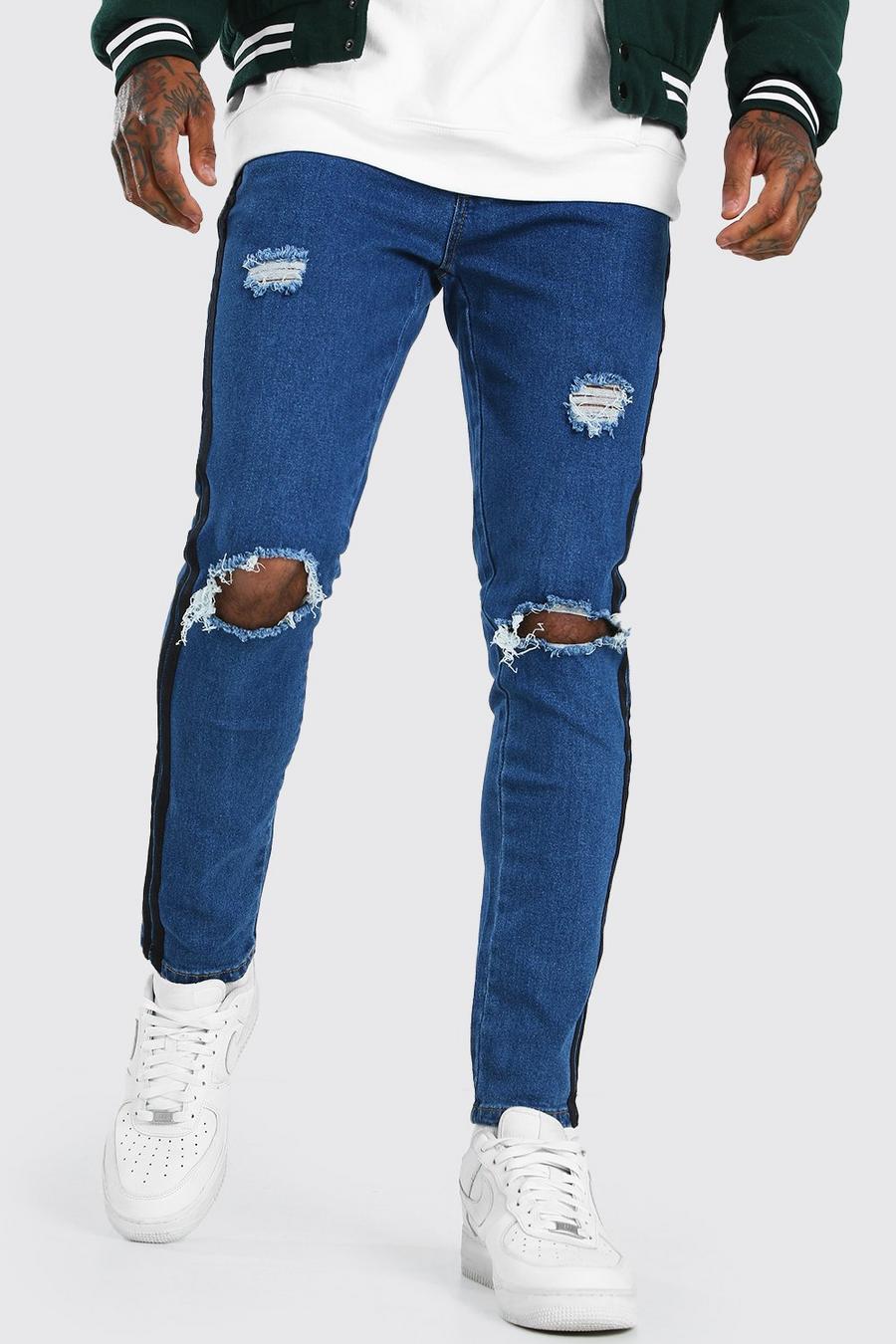 כחול ביניים סקיני ג'ינס עם קרעים ועיטור סרט image number 1