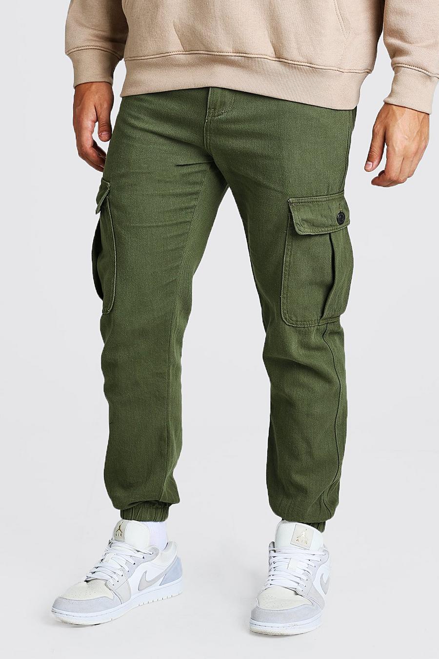 Khaki Twill Loose Fit Cargo Trousers With Popper Pocket image number 1