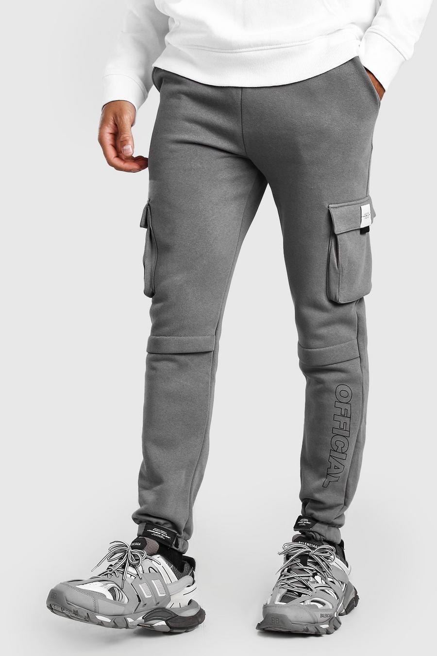 Pantaloni tuta cargo slim fit in jersey con stampa ufficiale, Ardesia image number 1