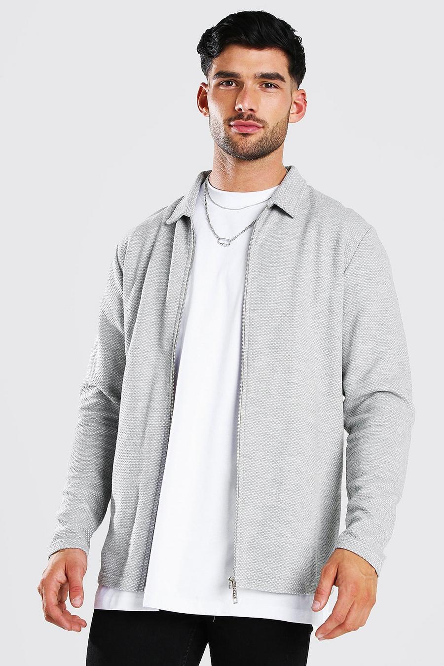 Grey grigio Textured Knitted Zip Through Harrington Jacket image number 1