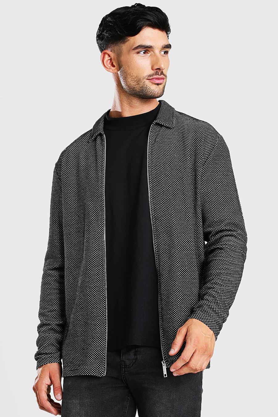 Black Textured Knitted Zip Through Harrington Jacket image number 1